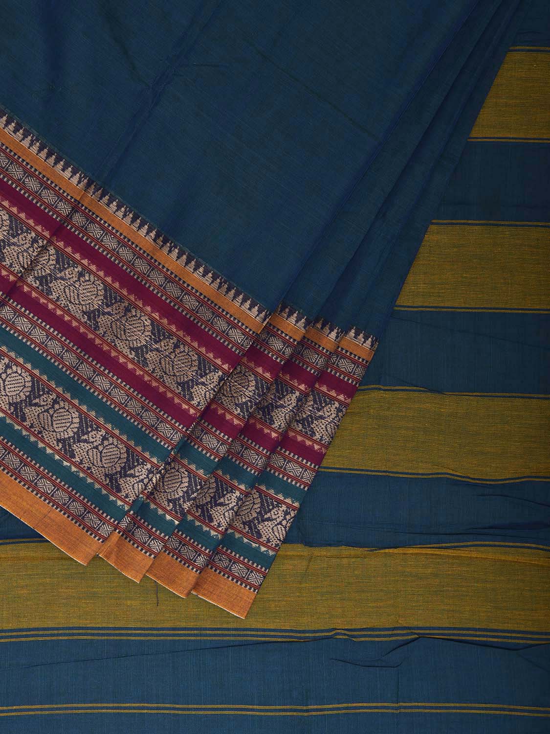 Teal Kanchipuram Cotton Plain Saree with Strips Pallu and Border Design No Blouse k0837