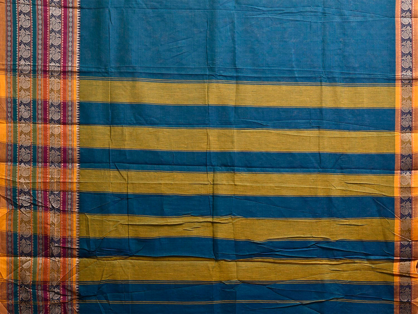 Teal Kanchipuram Cotton Plain Saree with Strips Pallu and Border Design No Blouse k0837