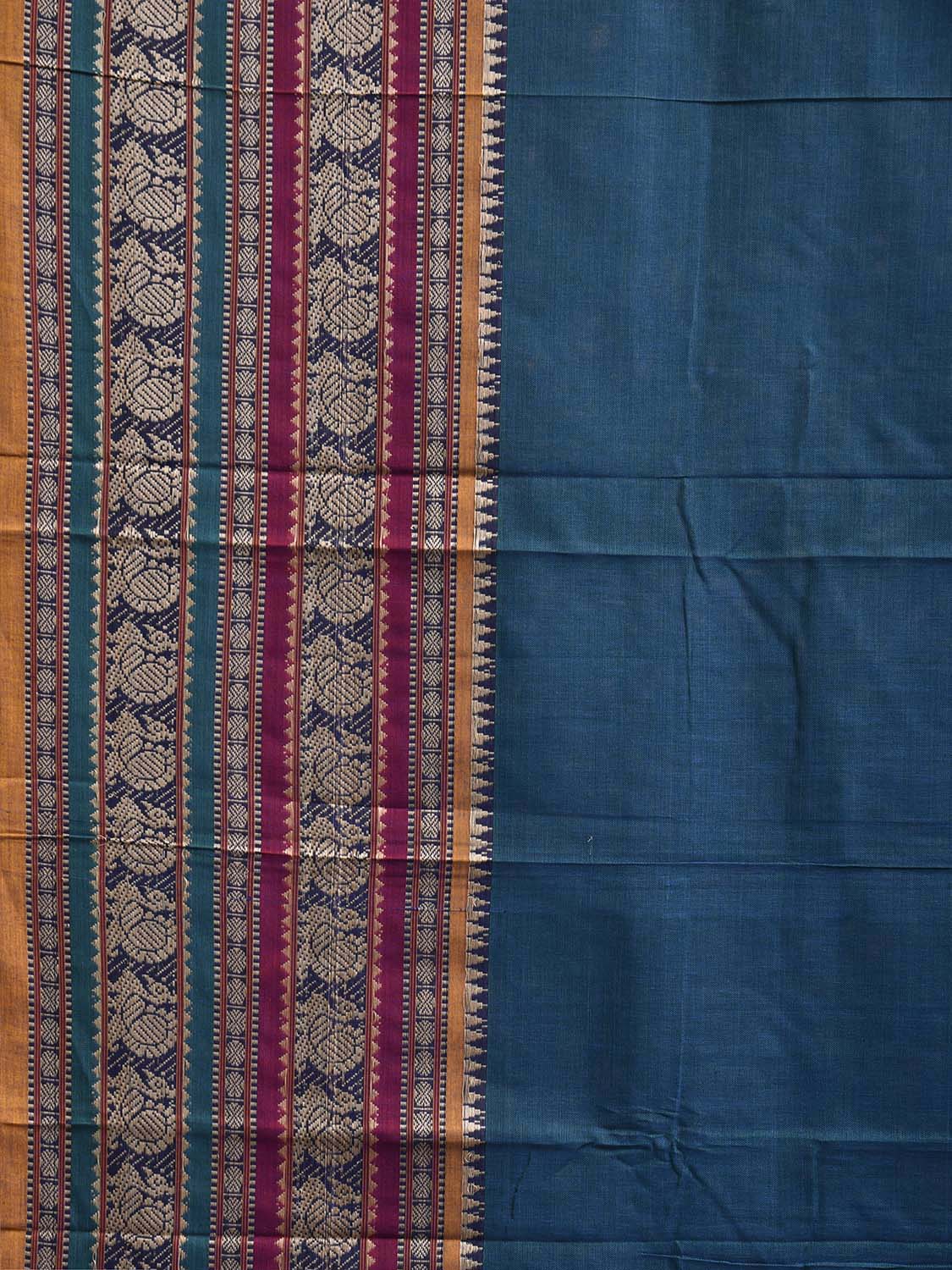 Teal Kanchipuram Cotton Plain Saree with Strips Pallu and Border Design No Blouse k0837