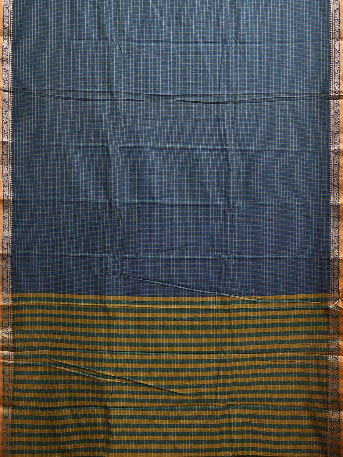 Teal Kanchipuram Cotton Saree with Checks and Elephant Border Design No Blouse k0835