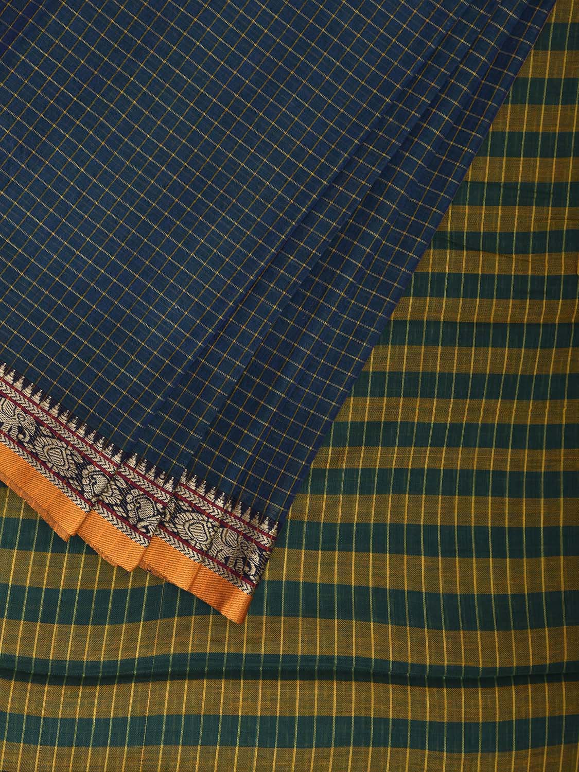 Teal Kanchipuram Cotton Saree with Checks and Elephant Border Design No Blouse k0835