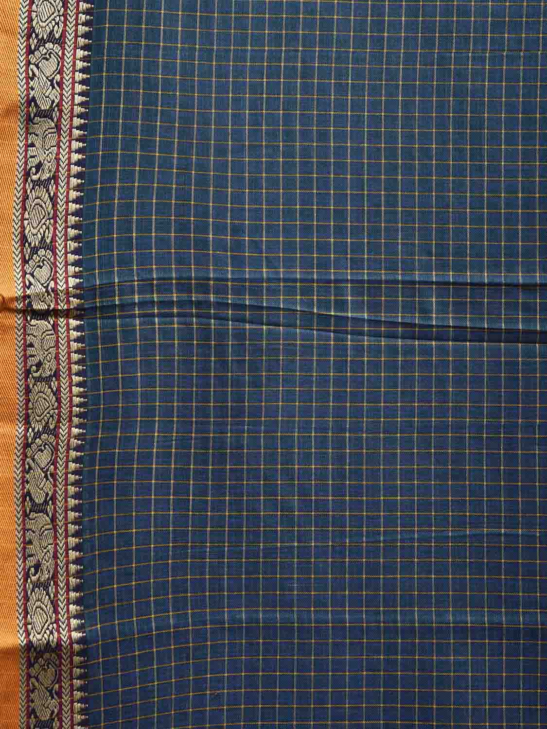 Teal Kanchipuram Cotton Saree with Checks and Elephant Border Design No Blouse k0835