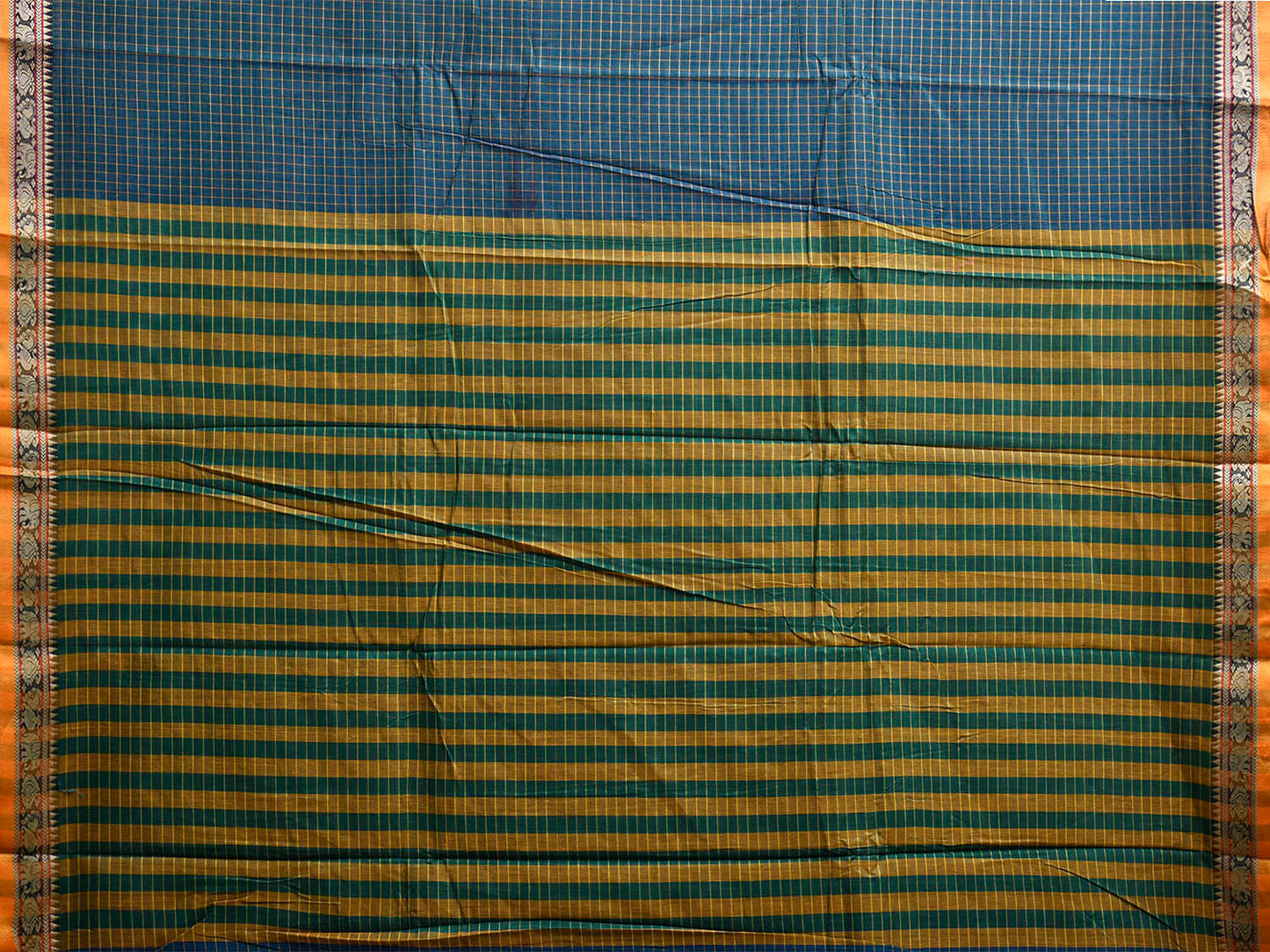 Teal Kanchipuram Cotton Saree with Checks and Elephant Border Design No Blouse k0835
