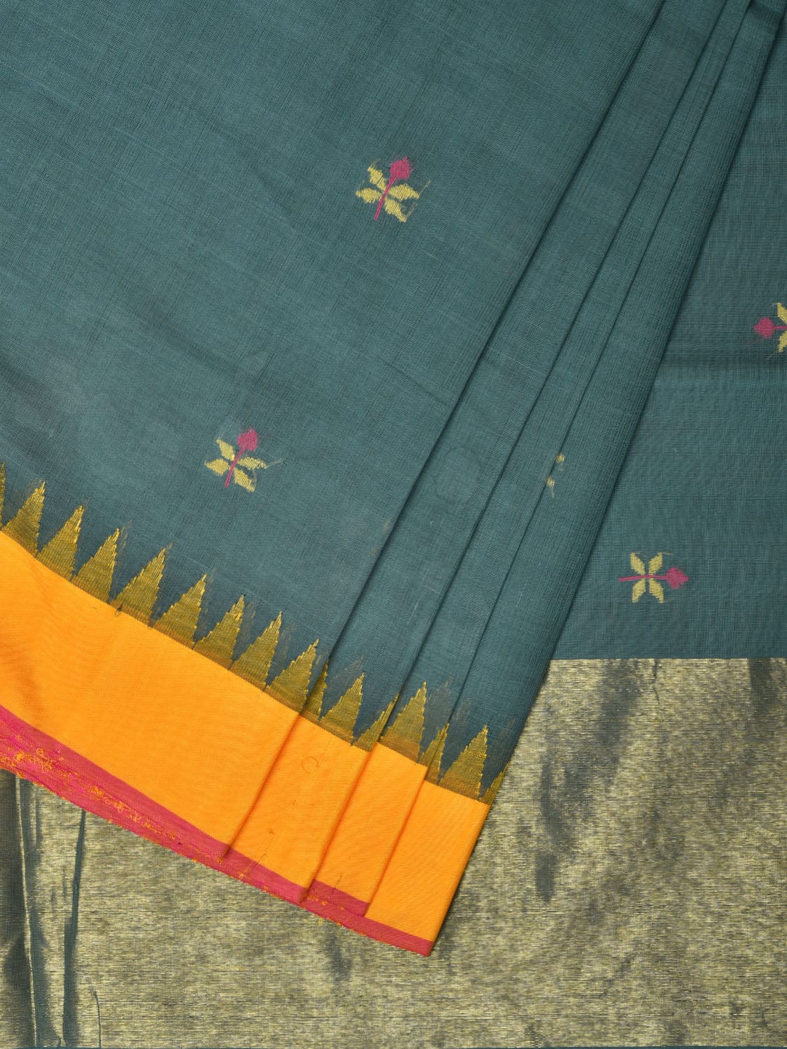 Teal Khadi Cotton Handloom Saree with Jamdani Body Buta Design kh0654