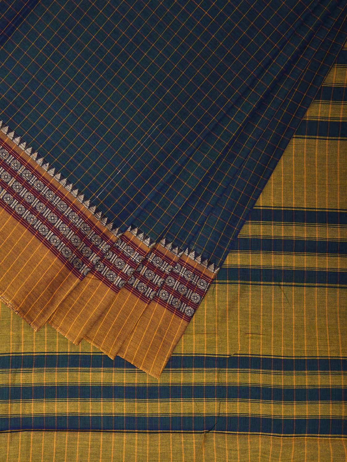 Teal Narayanpet Cotton Saree with Checks and Border Design No Blouse np1139