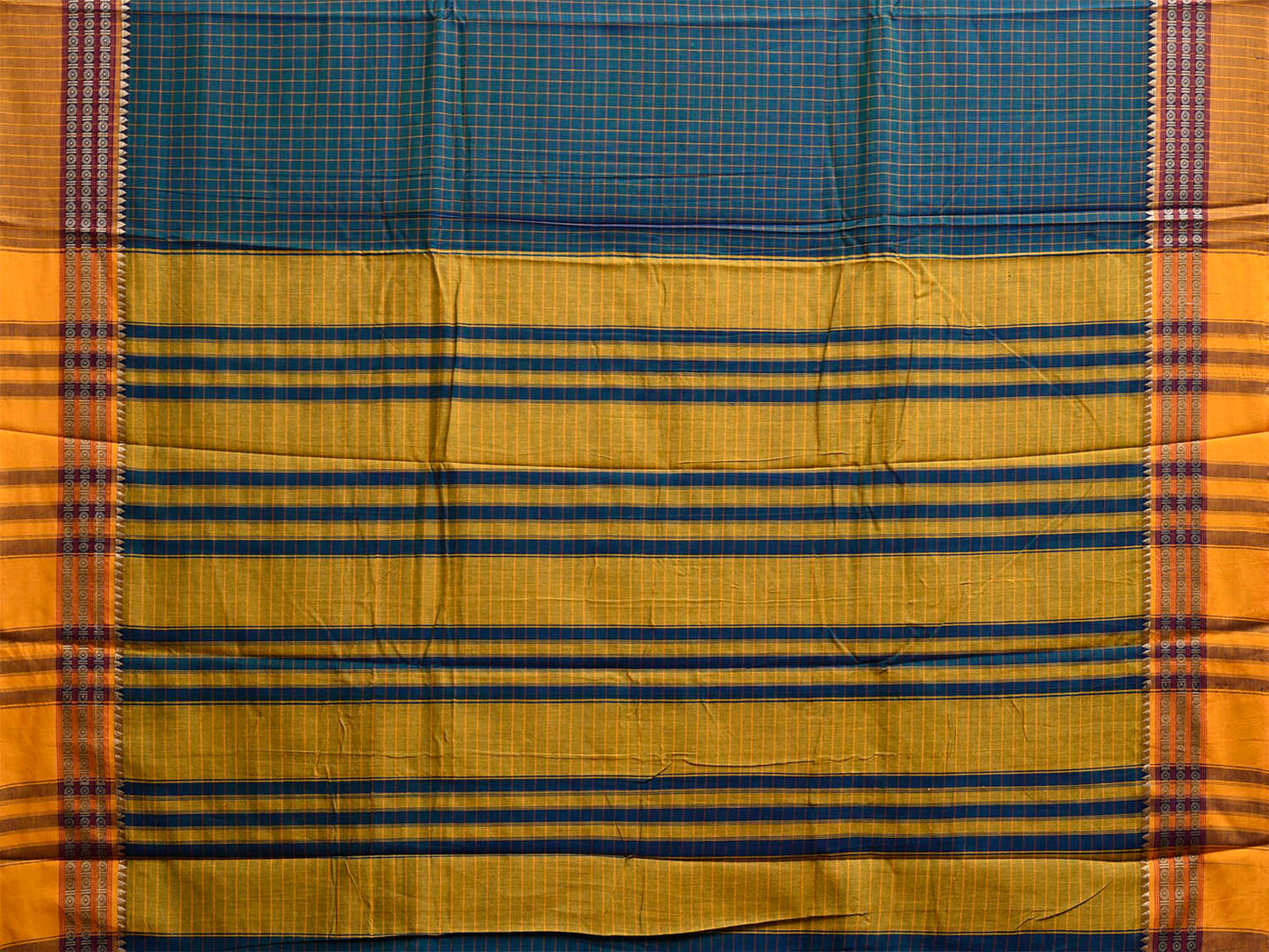 Teal Narayanpet Cotton Saree with Checks and Border Design No Blouse np1139