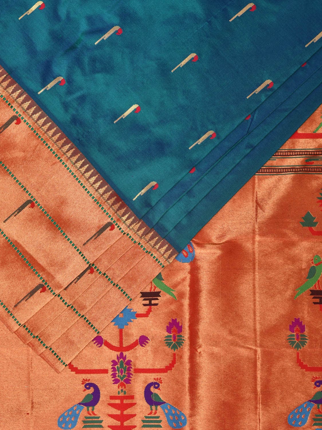 Teal Paithani Silk Handloom Saree with Triple Muniya Border Design p0489