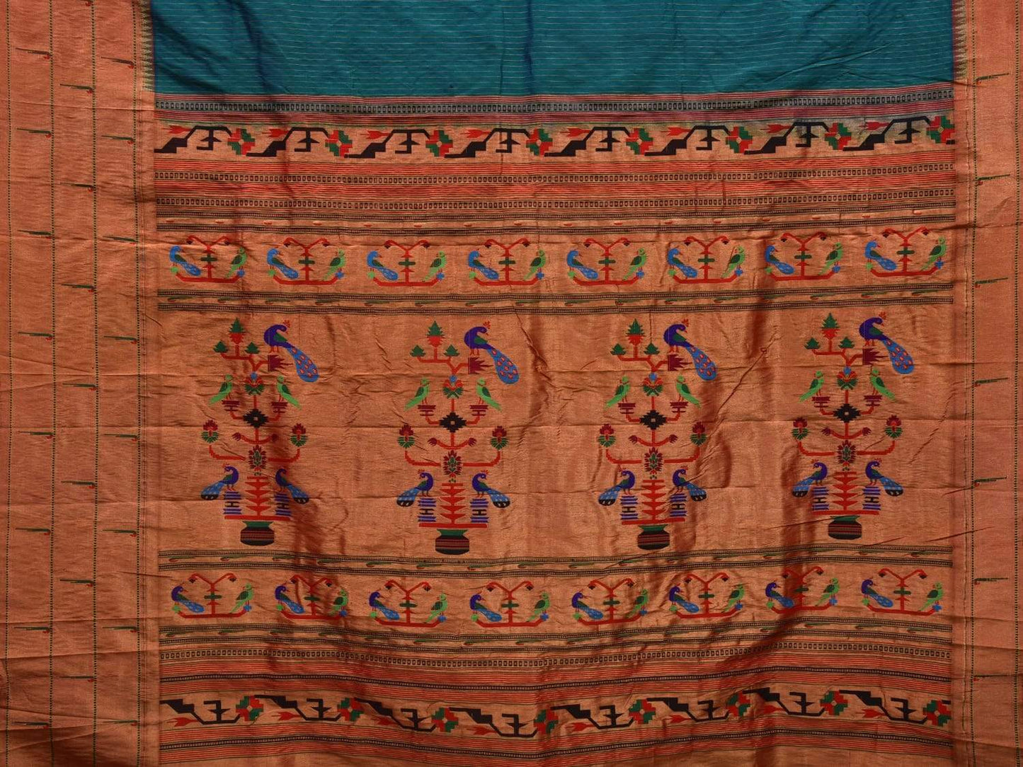 Teal Paithani Silk Saree with Strips and Triple Muniya Border Design p0389