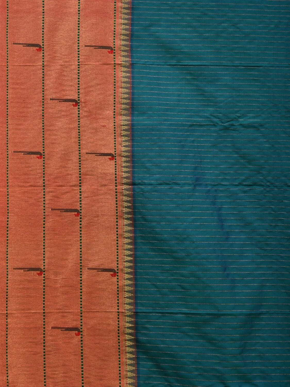 Teal Paithani Silk Saree with Strips and Triple Muniya Border Design p0389