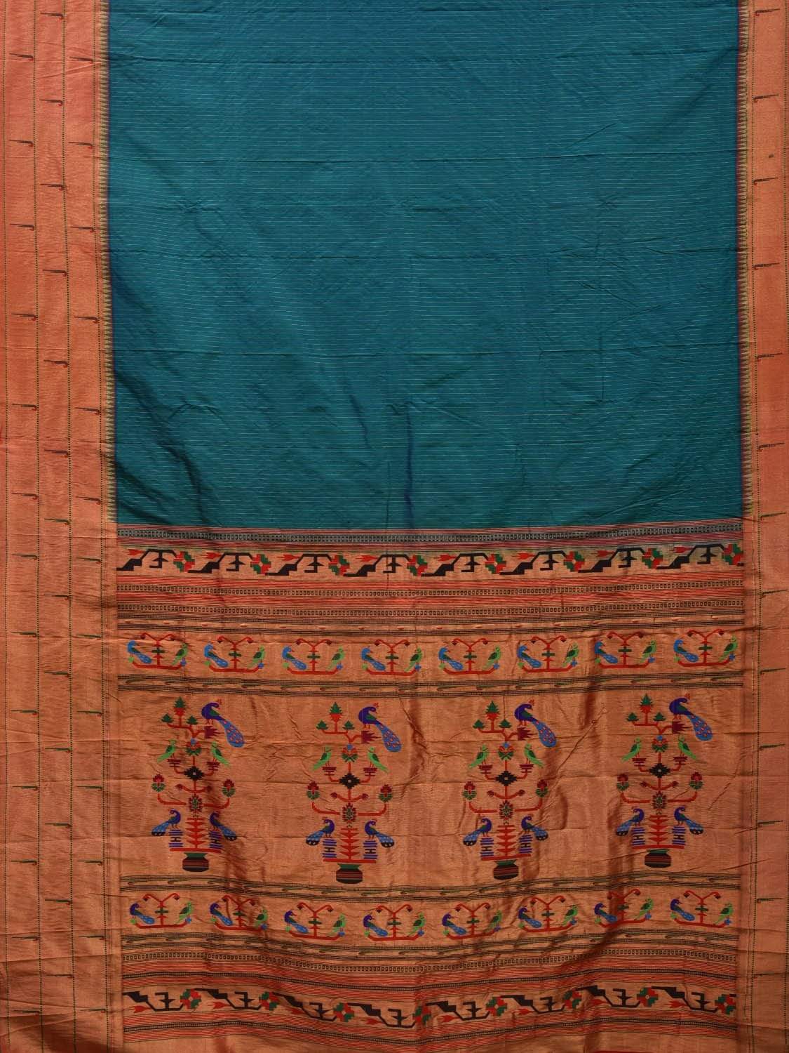 Teal Paithani Silk Saree with Strips and Triple Muniya Border Design p0389
