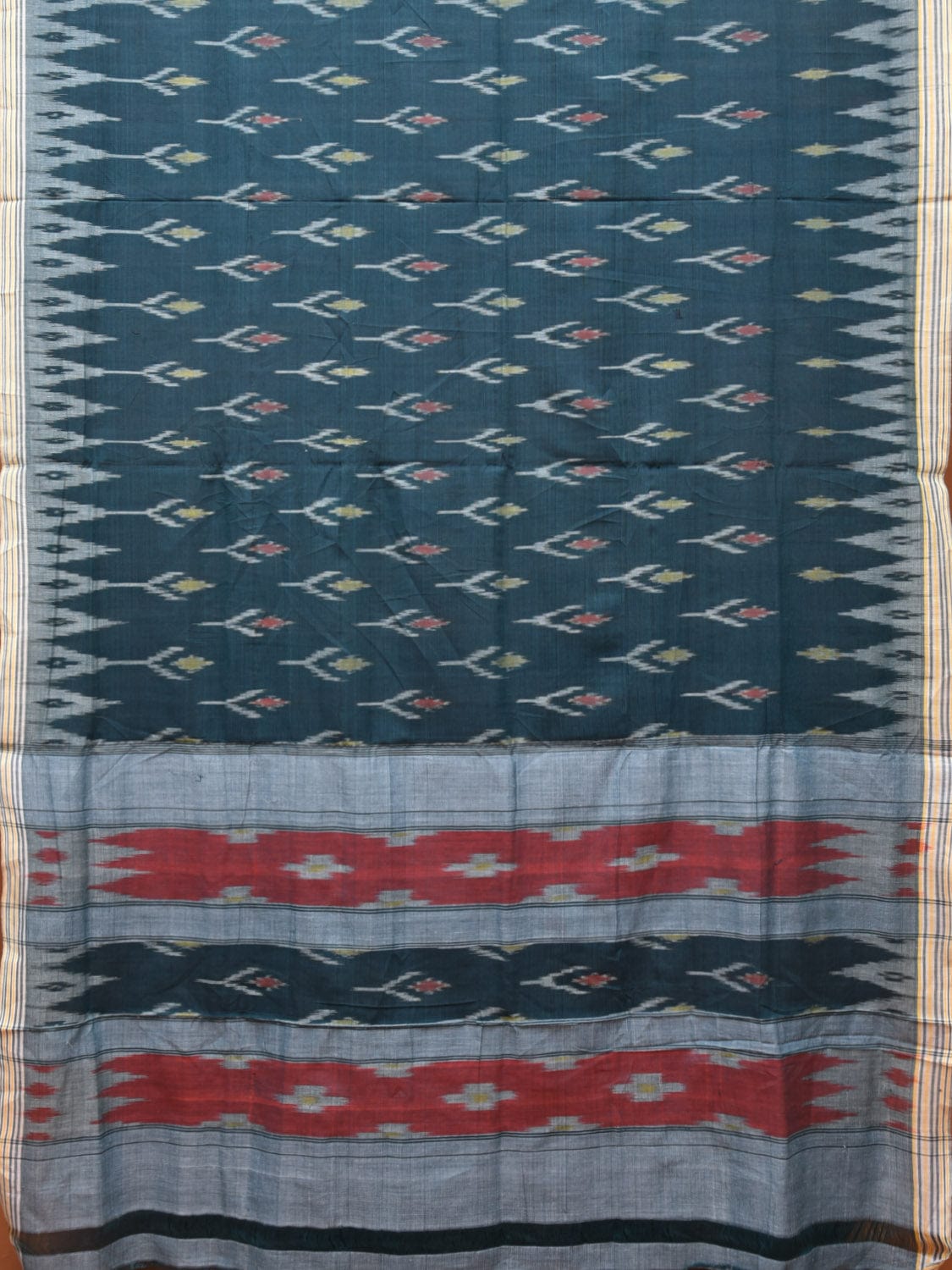 Teal Pochampally Ikat Cotton Handloom Saree with Temple Border Design No Blouse i0804