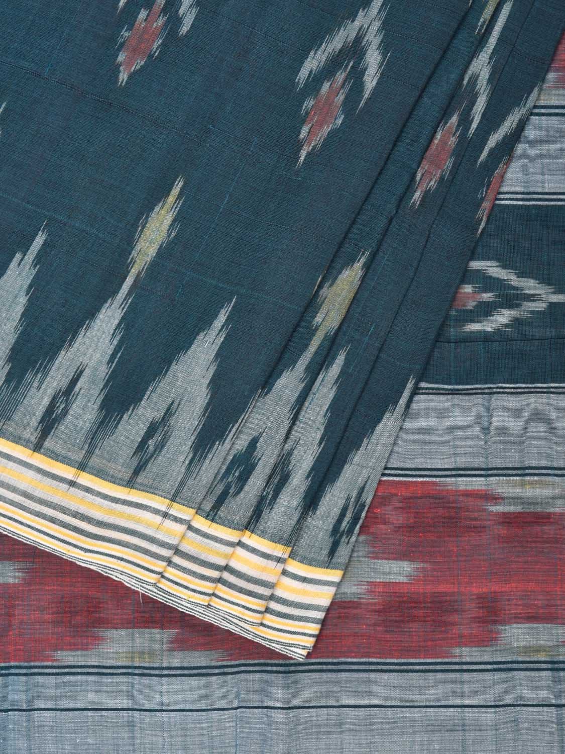 Teal Pochampally Ikat Cotton Handloom Saree with Temple Border Design No Blouse i0804