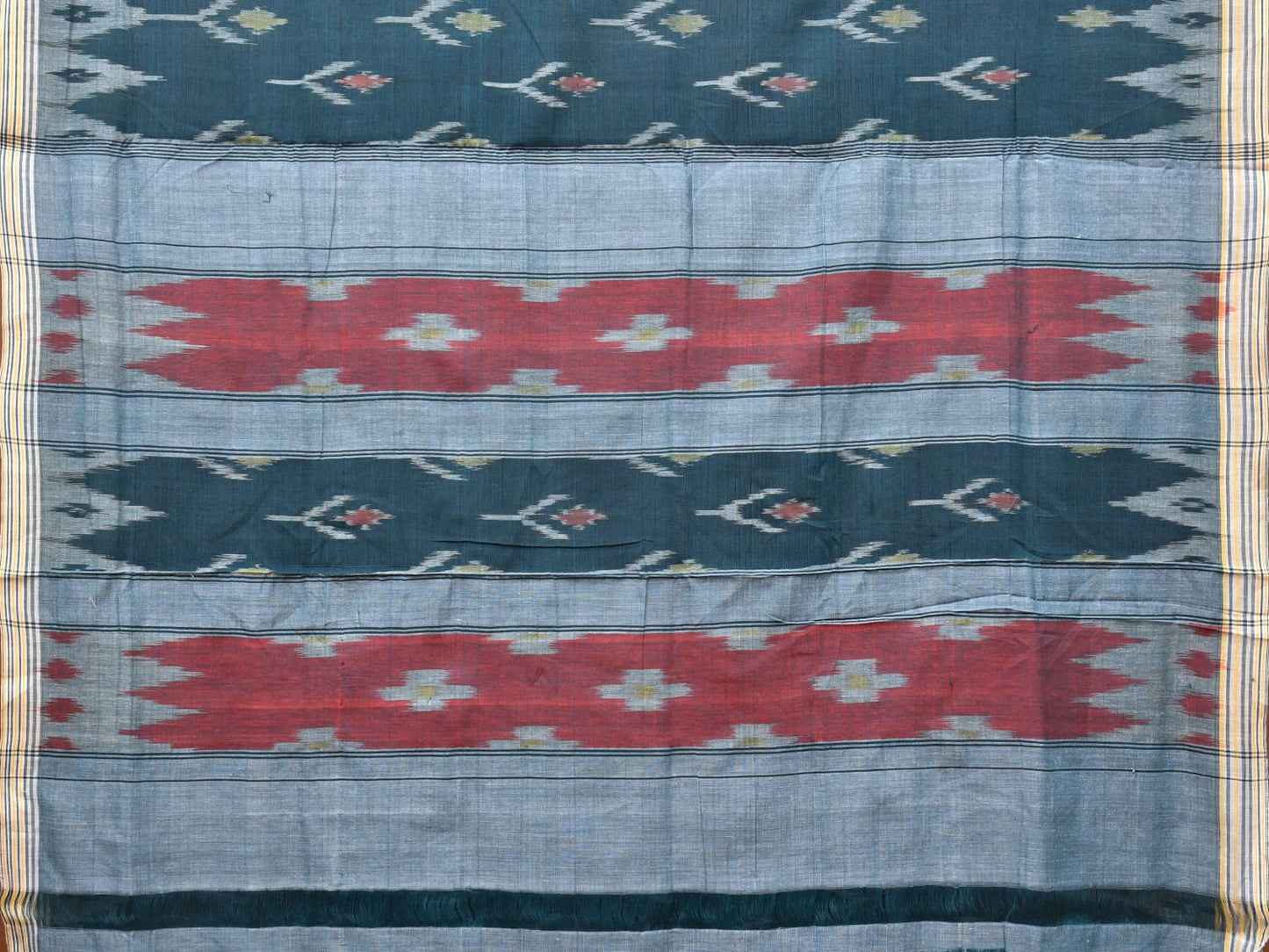 Teal Pochampally Ikat Cotton Handloom Saree with Temple Border Design No Blouse i0804