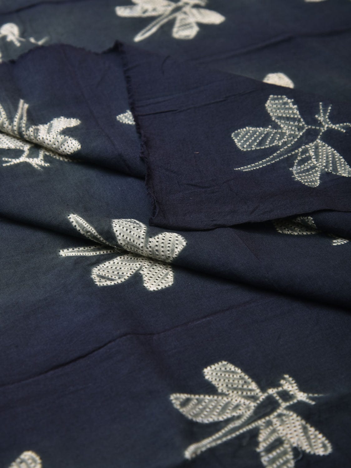 Teal Shibori Cotton Handloom Fabric with Dragonfly Design f0245