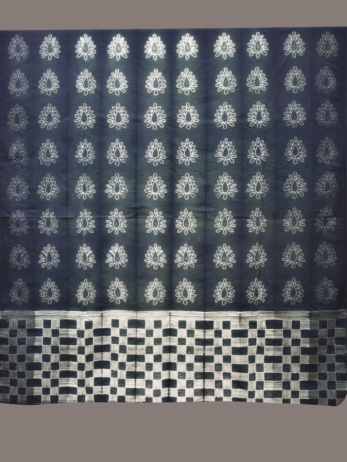 Teal Shibori Cotton Handloom Fabric with Floral and Checks Design f0241