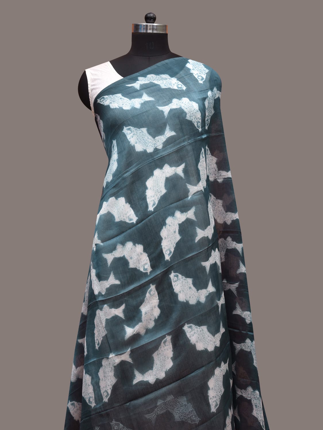 Teal Shibori Cotton Silk Handloom Dupatta with Fishes Design ds3624