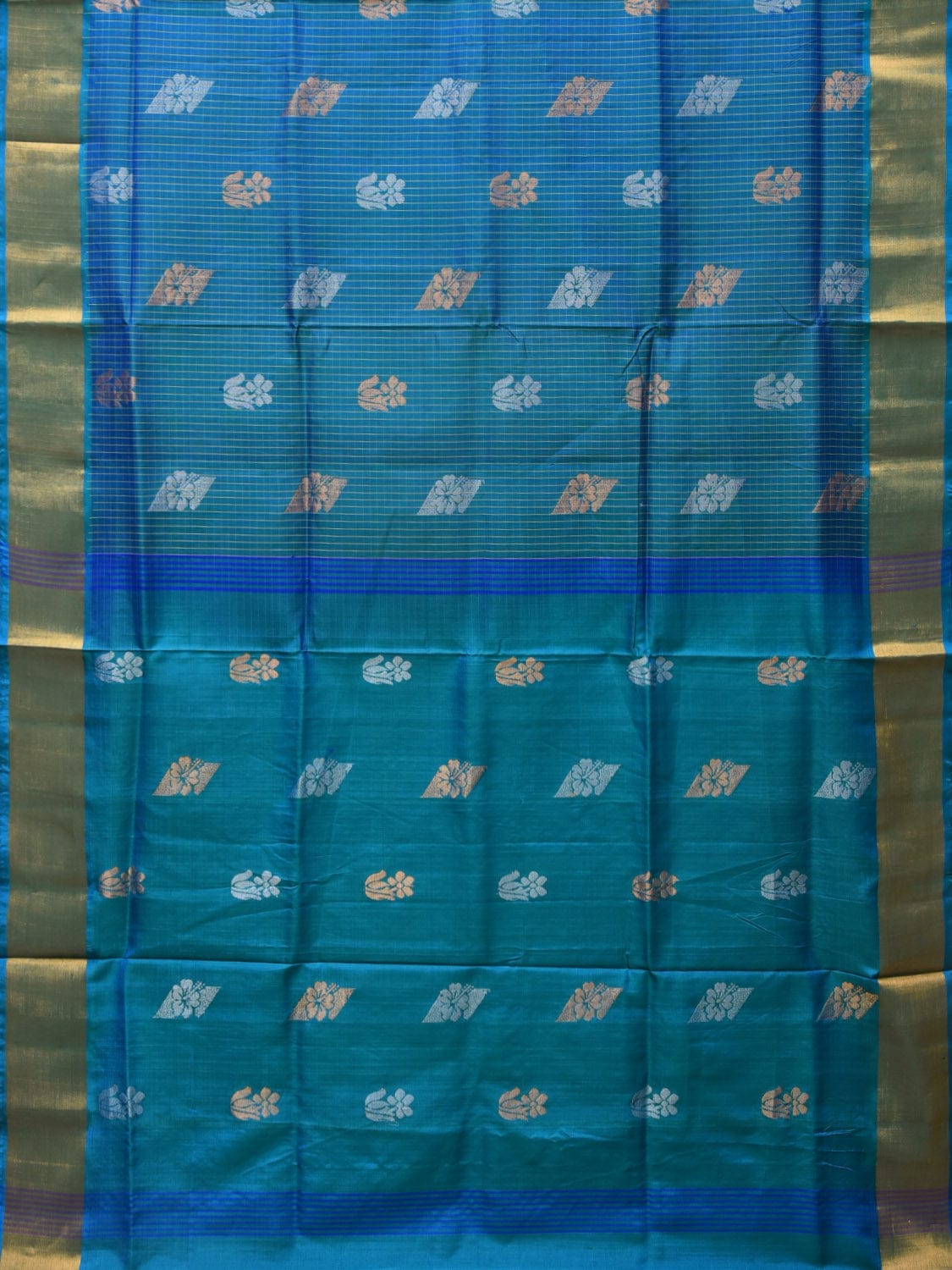 Teal Uppada Silk Handloom Saree with Body Buta and Checks Design u2205