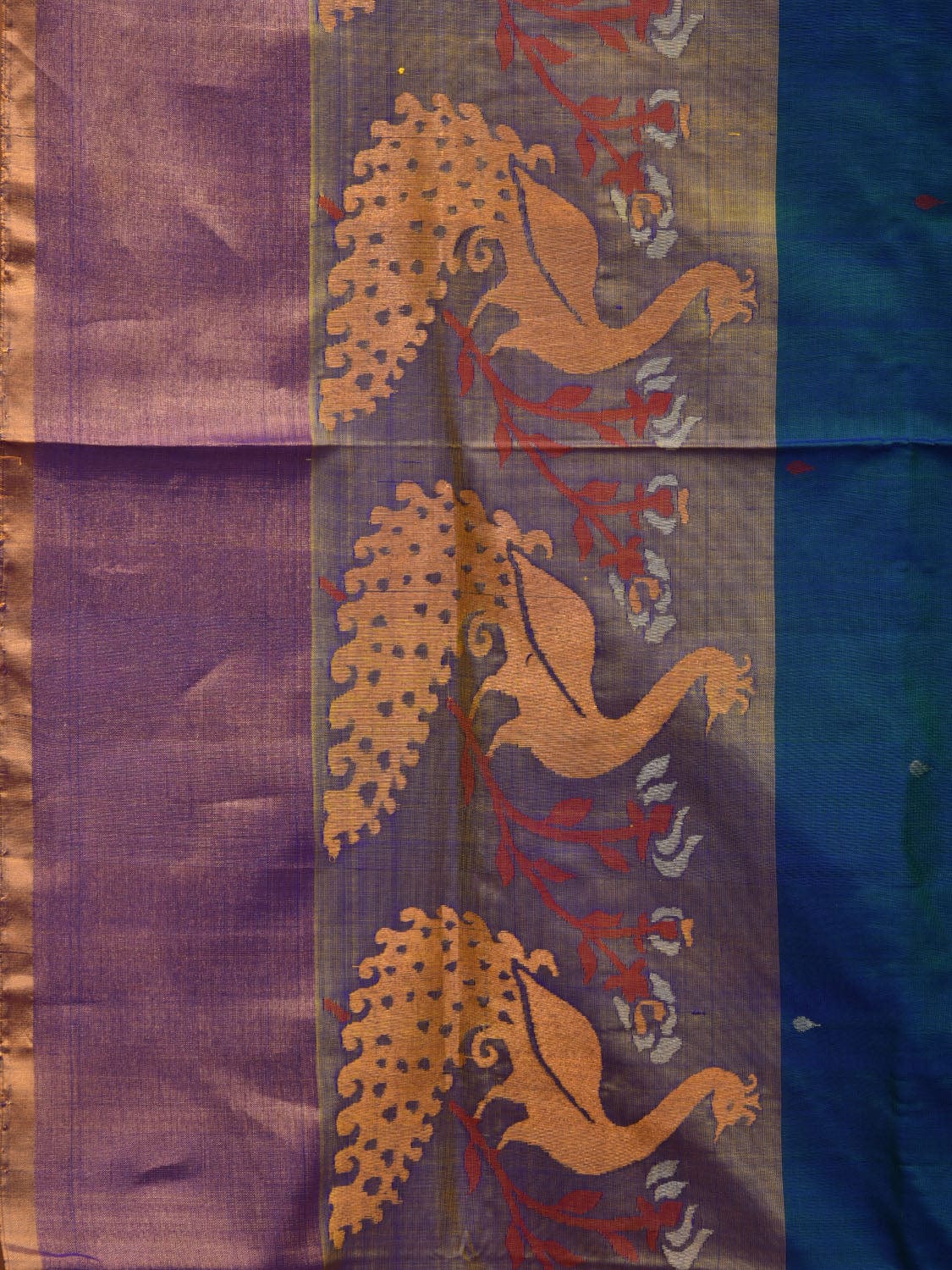 Teal Uppada Silk Handloom Saree with One Side Peacocks Design u1926