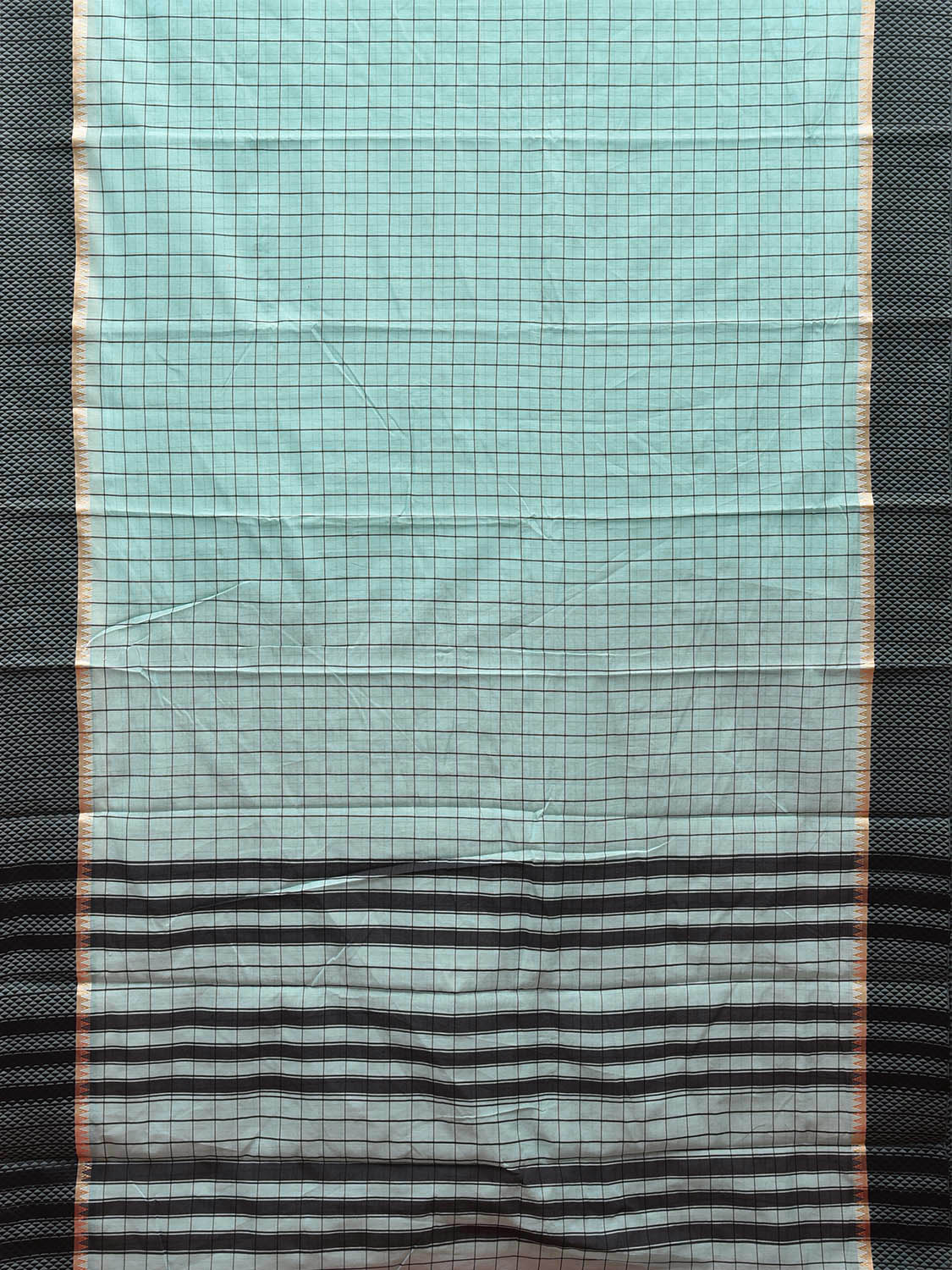 Turquoise and Black Bamboo Cotton Saree with Big Checks Design No Blouse bc0451