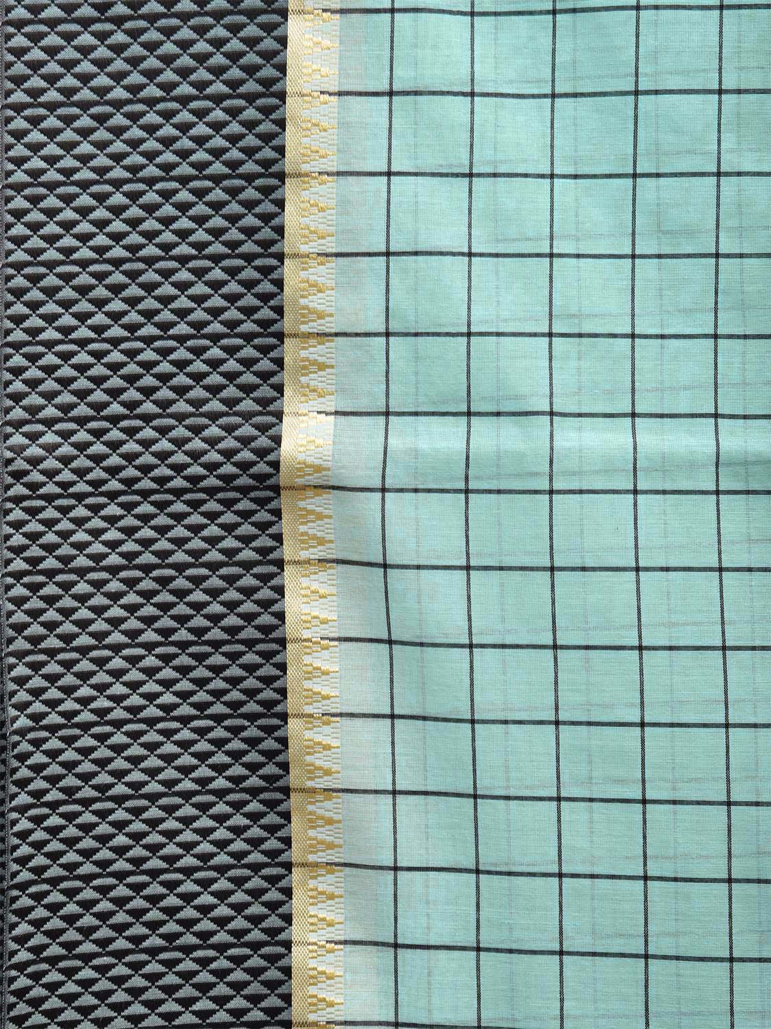 Turquoise and Black Bamboo Cotton Saree with Big Checks Design No Blouse bc0451