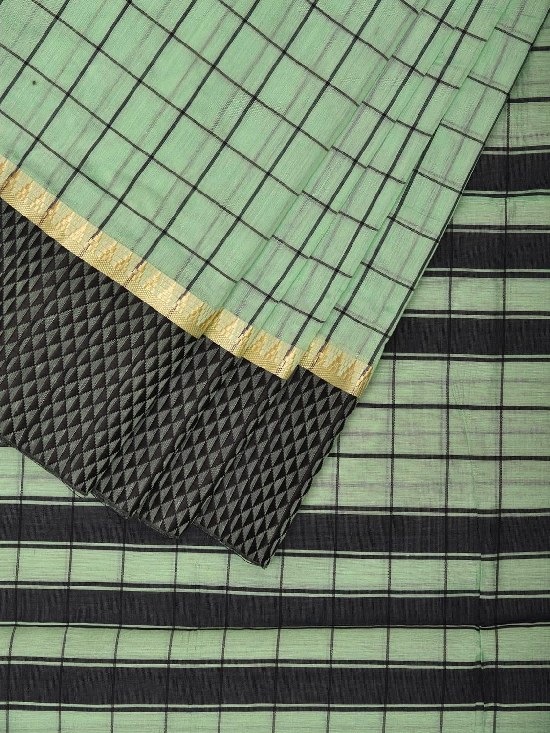 Turquoise and Black Bamboo Cotton Saree with Big Checks Design No Blouse bc0621