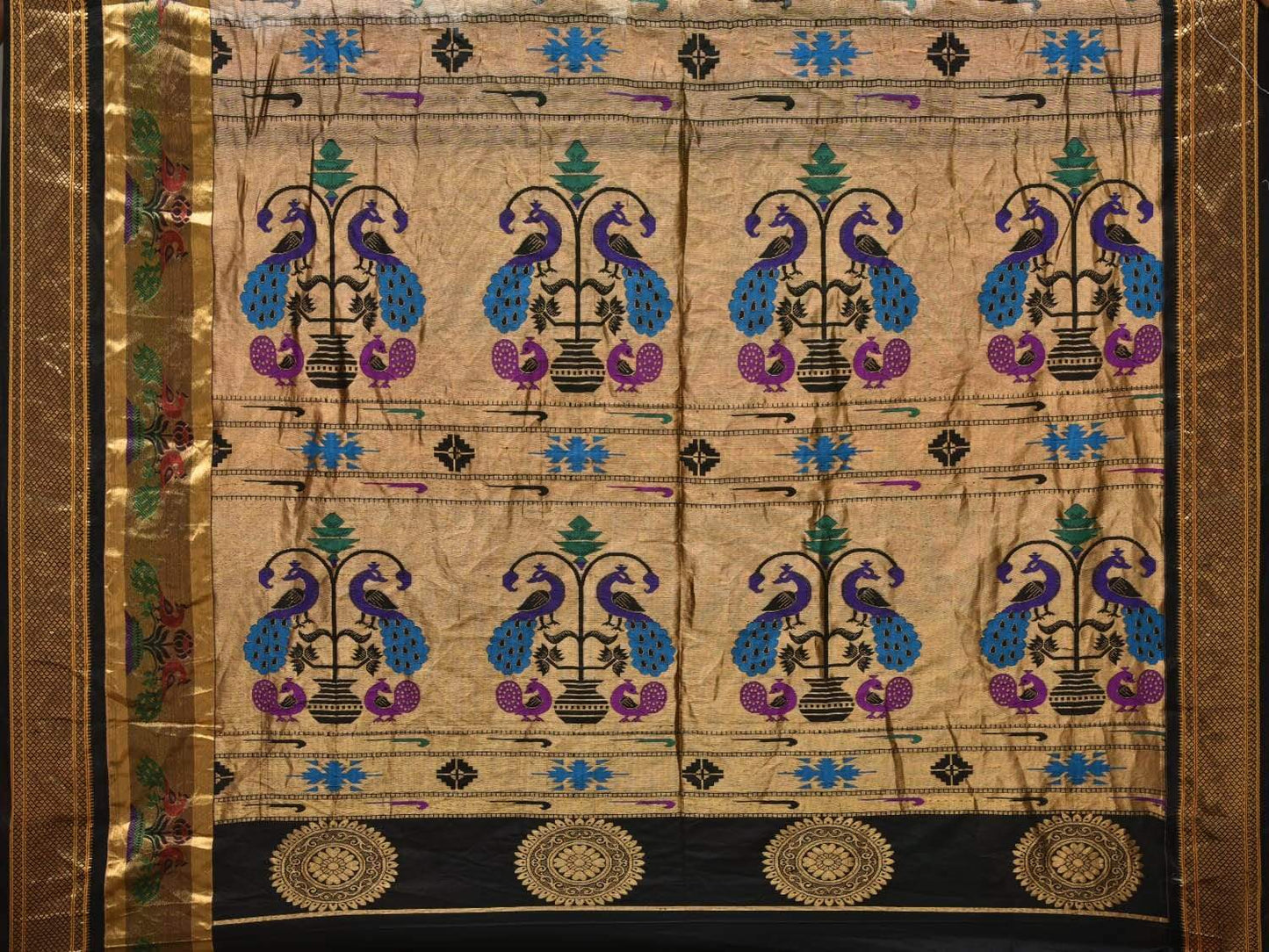 Turquoise and Black Bandhani Paithani Silk Handloom Saree with Buta Design bn0194