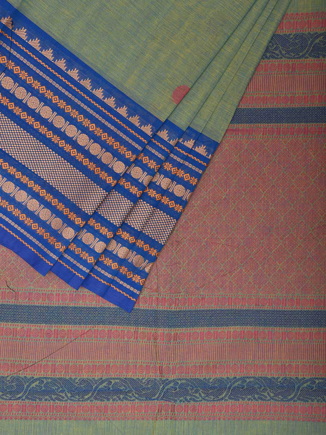 Turquoise and Blue Kanchipuram Cotton Saree with Body Buta Pallu and Big Border Design k0760