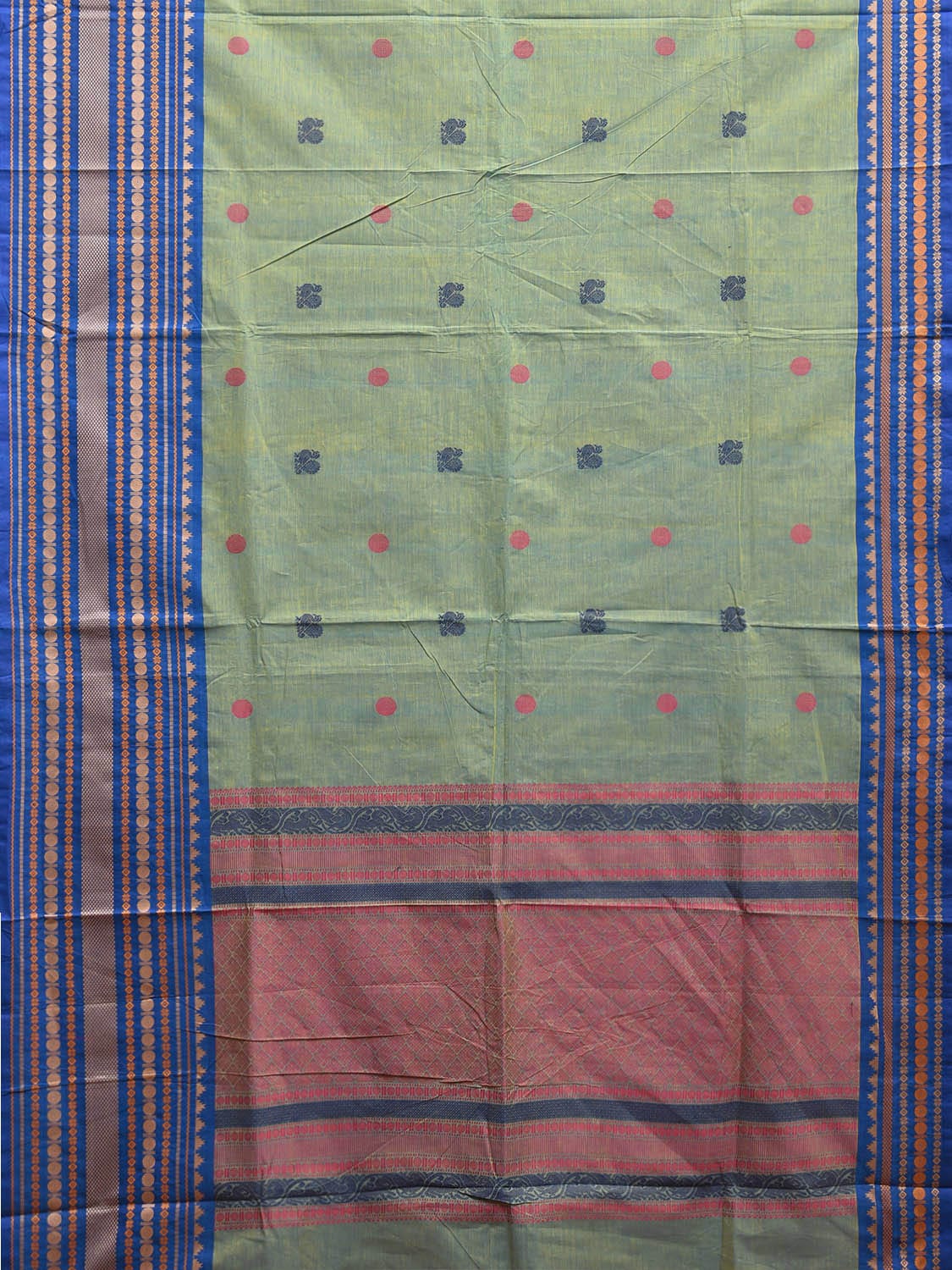 Turquoise and Blue Kanchipuram Cotton Saree with Body Buta Pallu and Big Border Design k0760