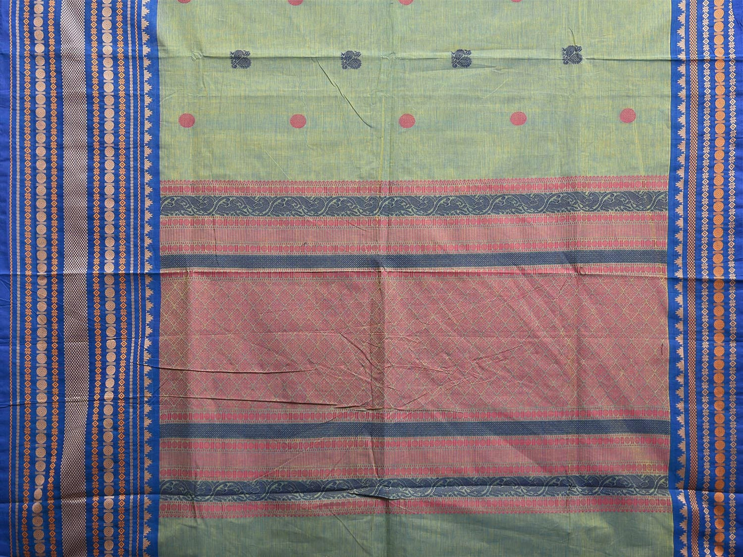 Turquoise and Blue Kanchipuram Cotton Saree with Body Buta Pallu and Big Border Design k0760