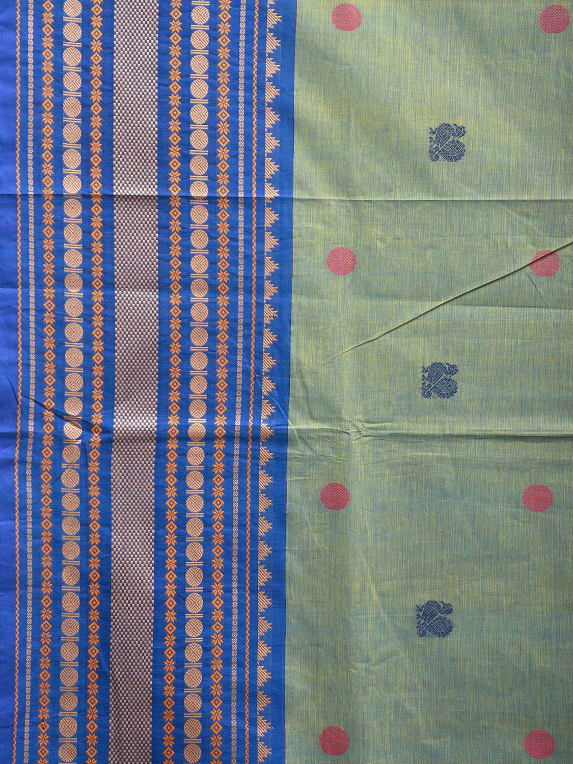 Turquoise and Blue Kanchipuram Cotton Saree with Body Buta Pallu and Big Border Design k0760