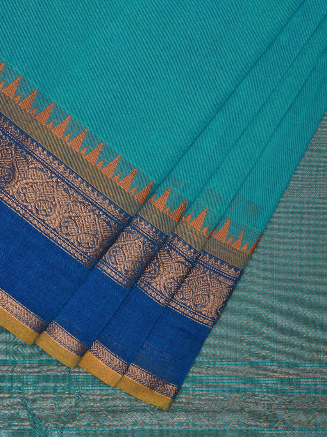 Turquoise and Blue Kanchipuram Cotton Saree with Pallu and Border Design k0737