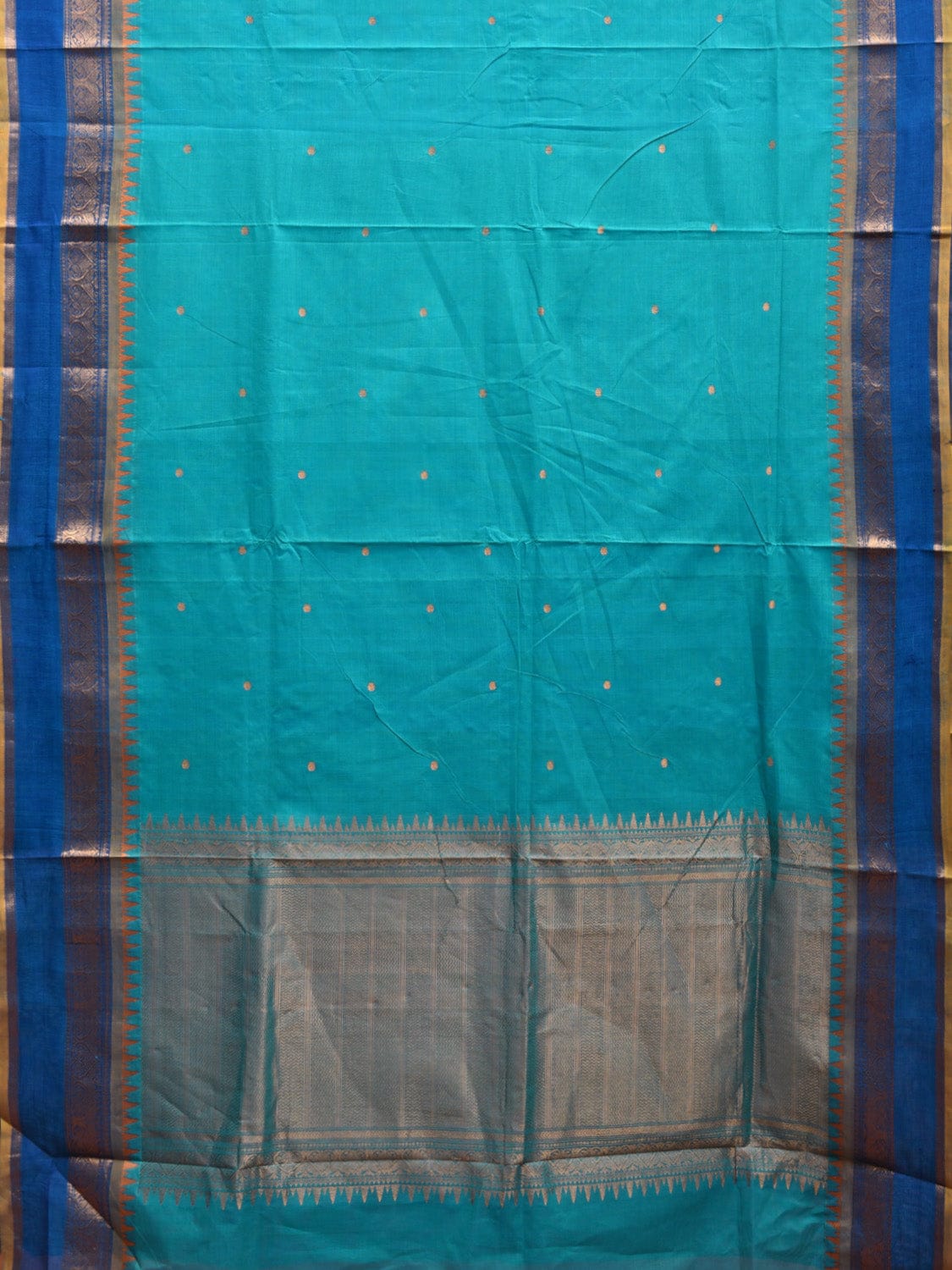 Turquoise and Blue Kanchipuram Cotton Saree with Pallu and Border Design k0737
