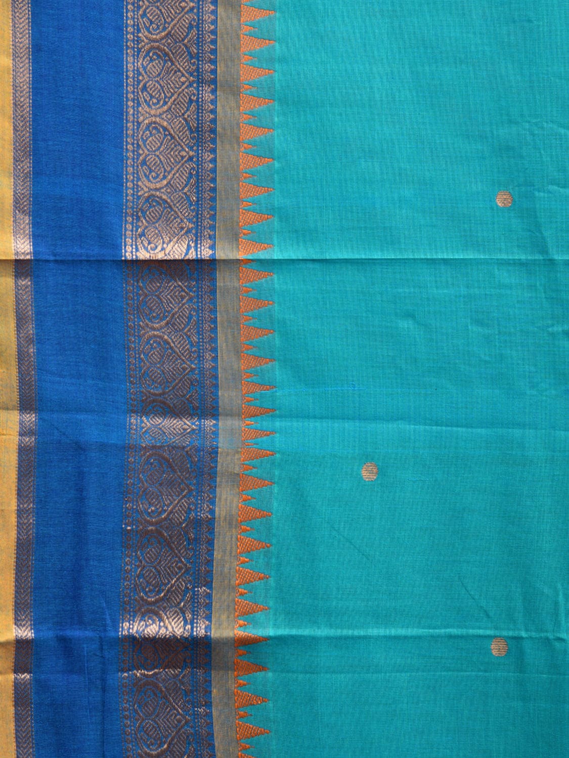 Turquoise and Blue Kanchipuram Cotton Saree with Pallu and Border Design k0737