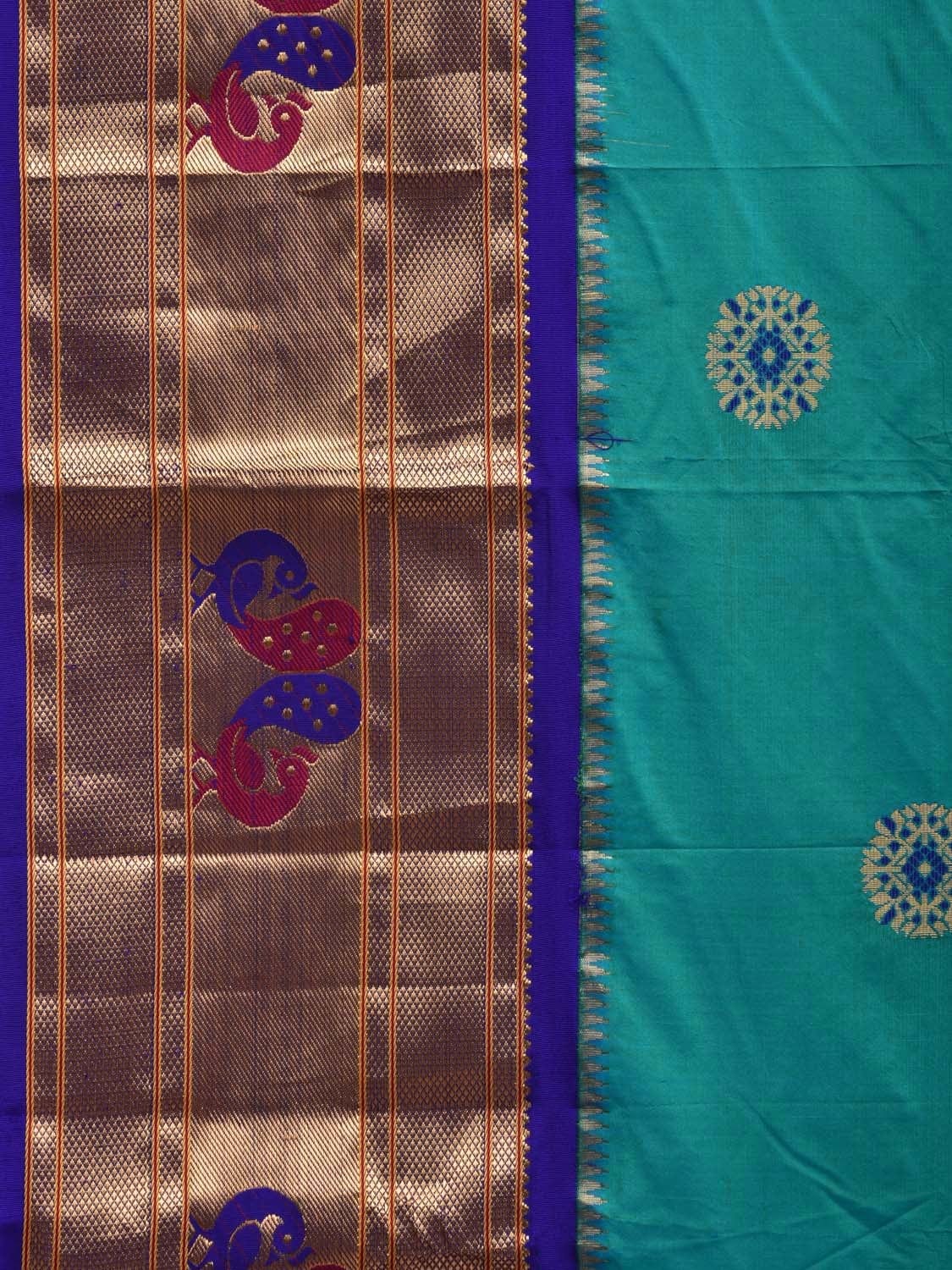 Turquoise and Blue Paithani Silk Handloom Saree with Pallu and Border Design p0412