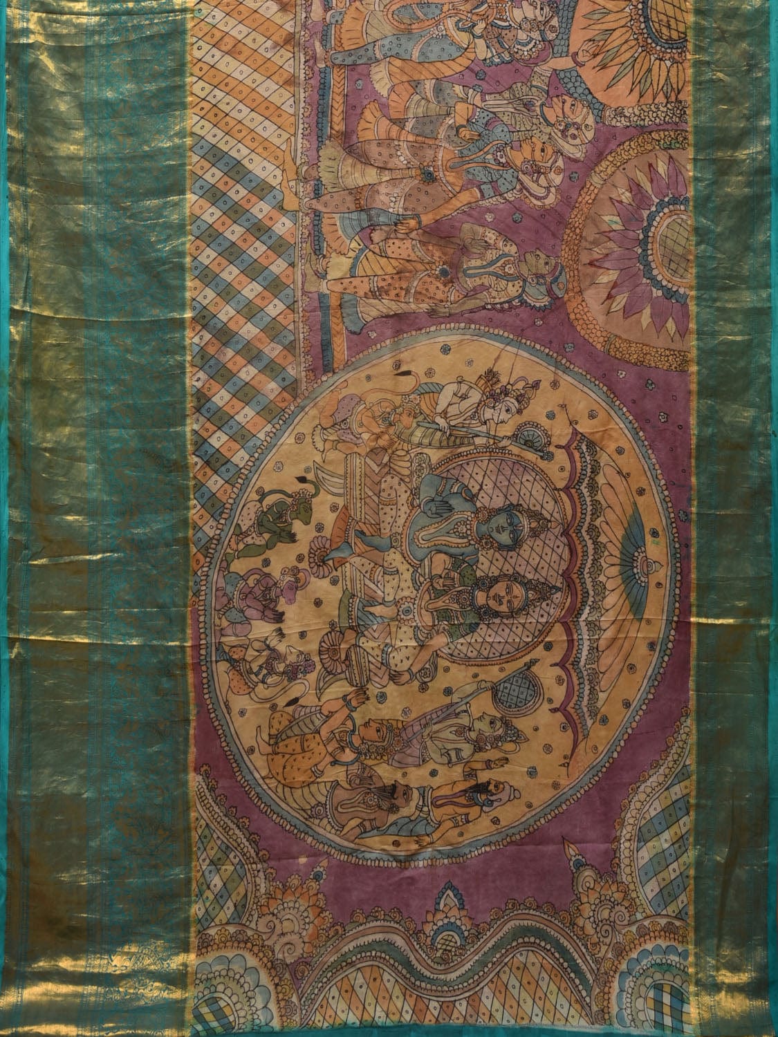 Turquoise and Burgundy Kalamkari Hand Painted Kanchipuram Silk Handloom Saree with Ramayan Theme Design KL0755