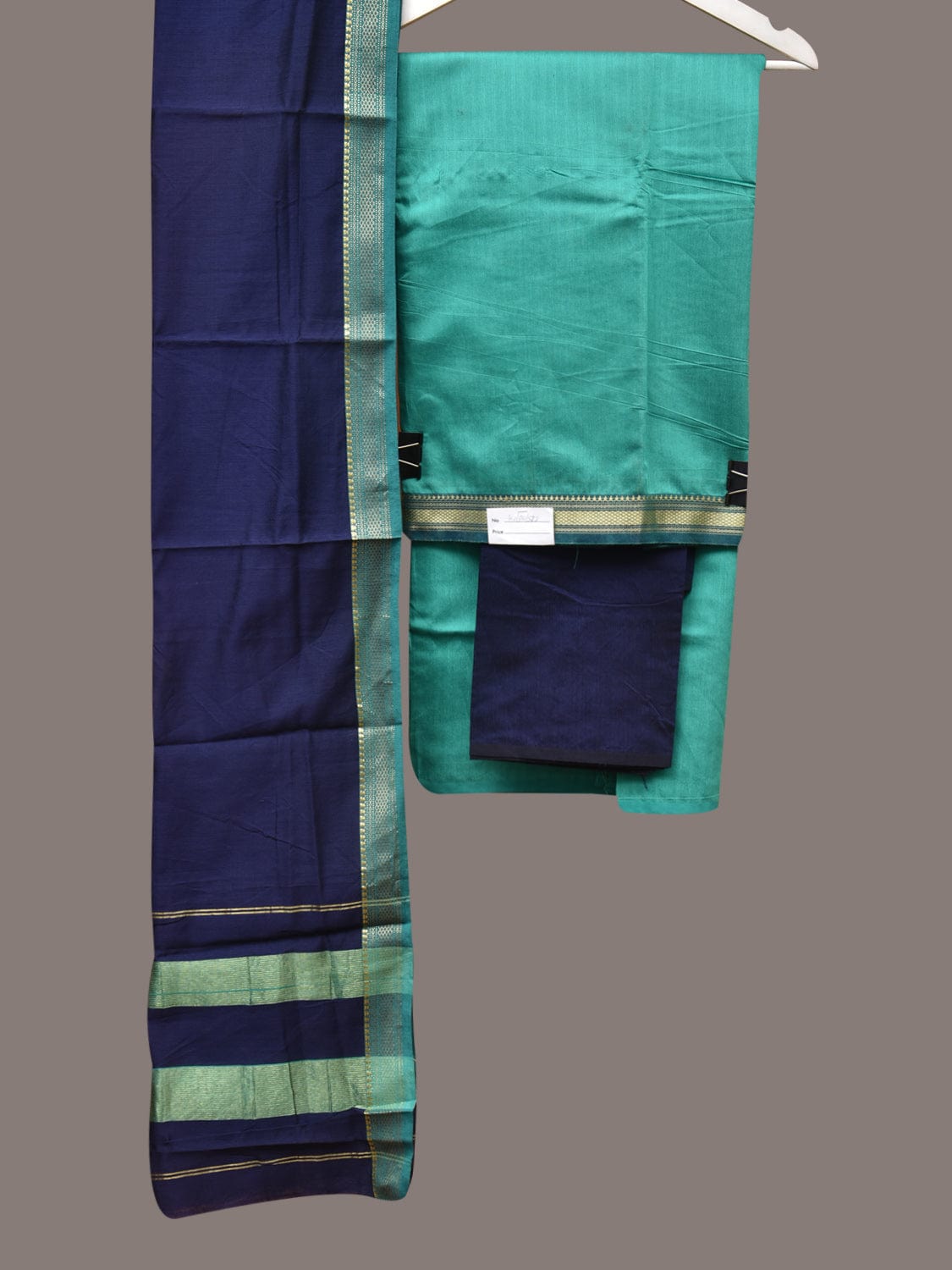 Turquoise and Navy Bamboo Cotton Fabric and Dupatta with Zari Border Design f0248