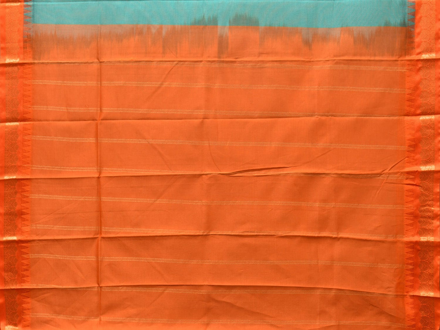 Turquoise and Orange Gadwal Cotton Handloom Saree with Strips Pallu Design No Blouse g0362
