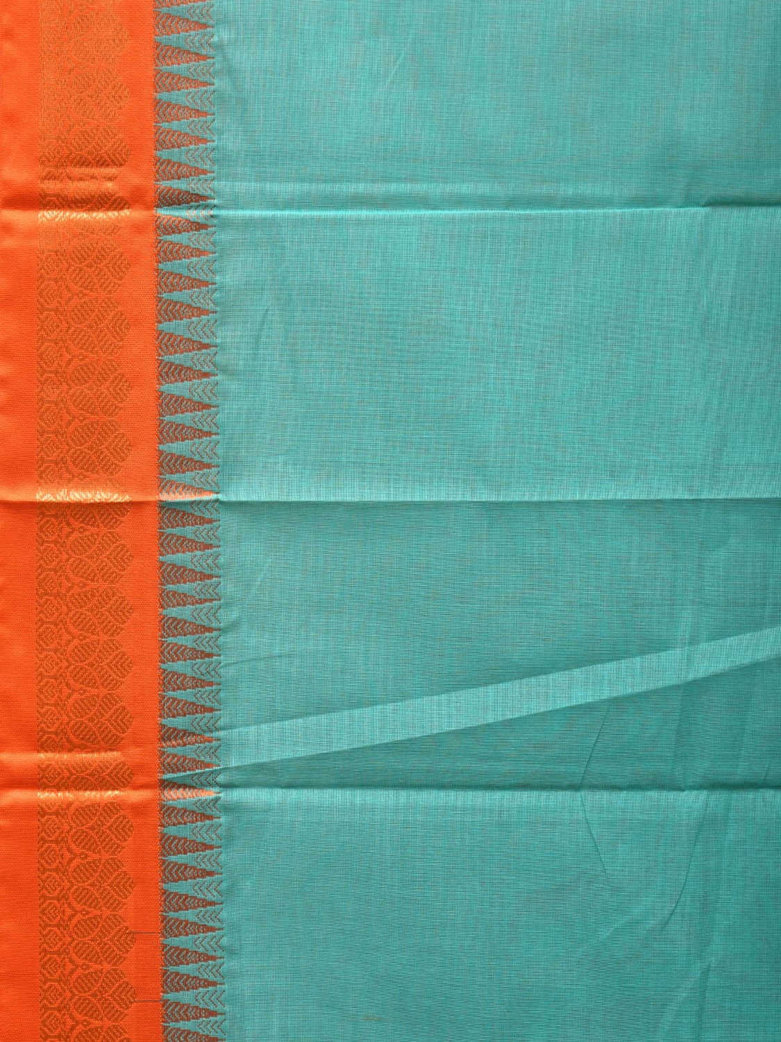 Turquoise and Orange Gadwal Cotton Handloom Saree with Strips Pallu Design No Blouse g0362