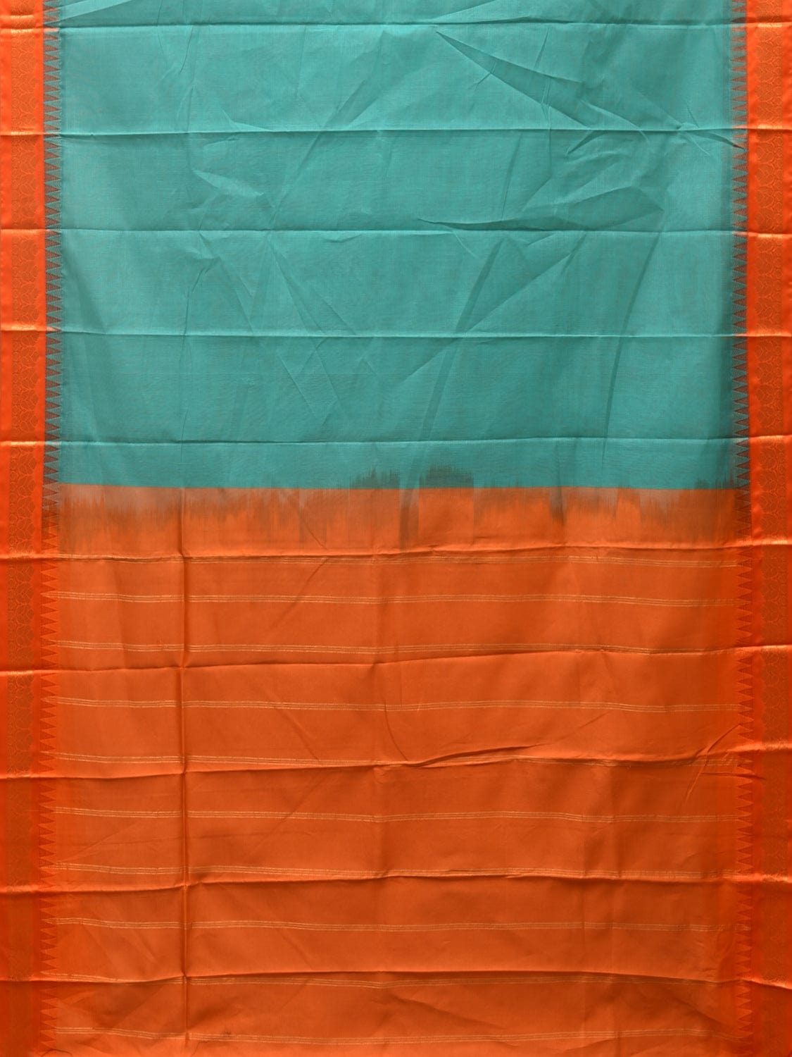Turquoise and Orange Gadwal Cotton Handloom Saree with Strips Pallu Design No Blouse g0362