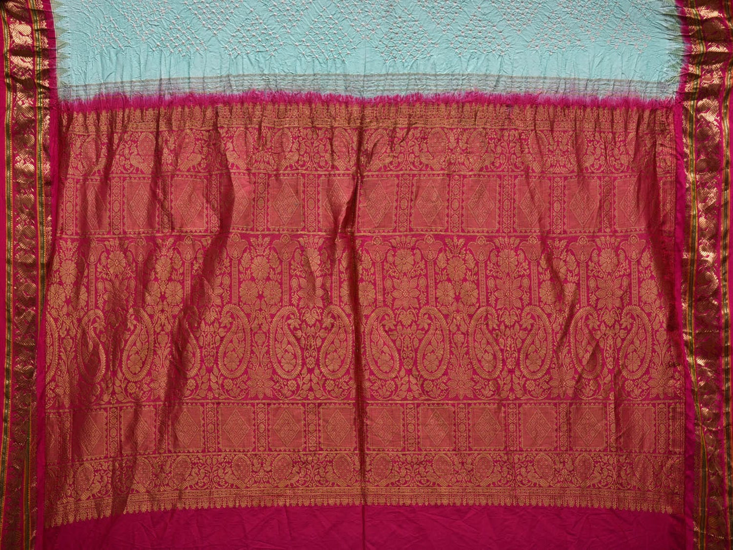 Turquoise and Pink Bandhani Gadwal Silk Handloom Saree with Pallu and Border Design bn0344