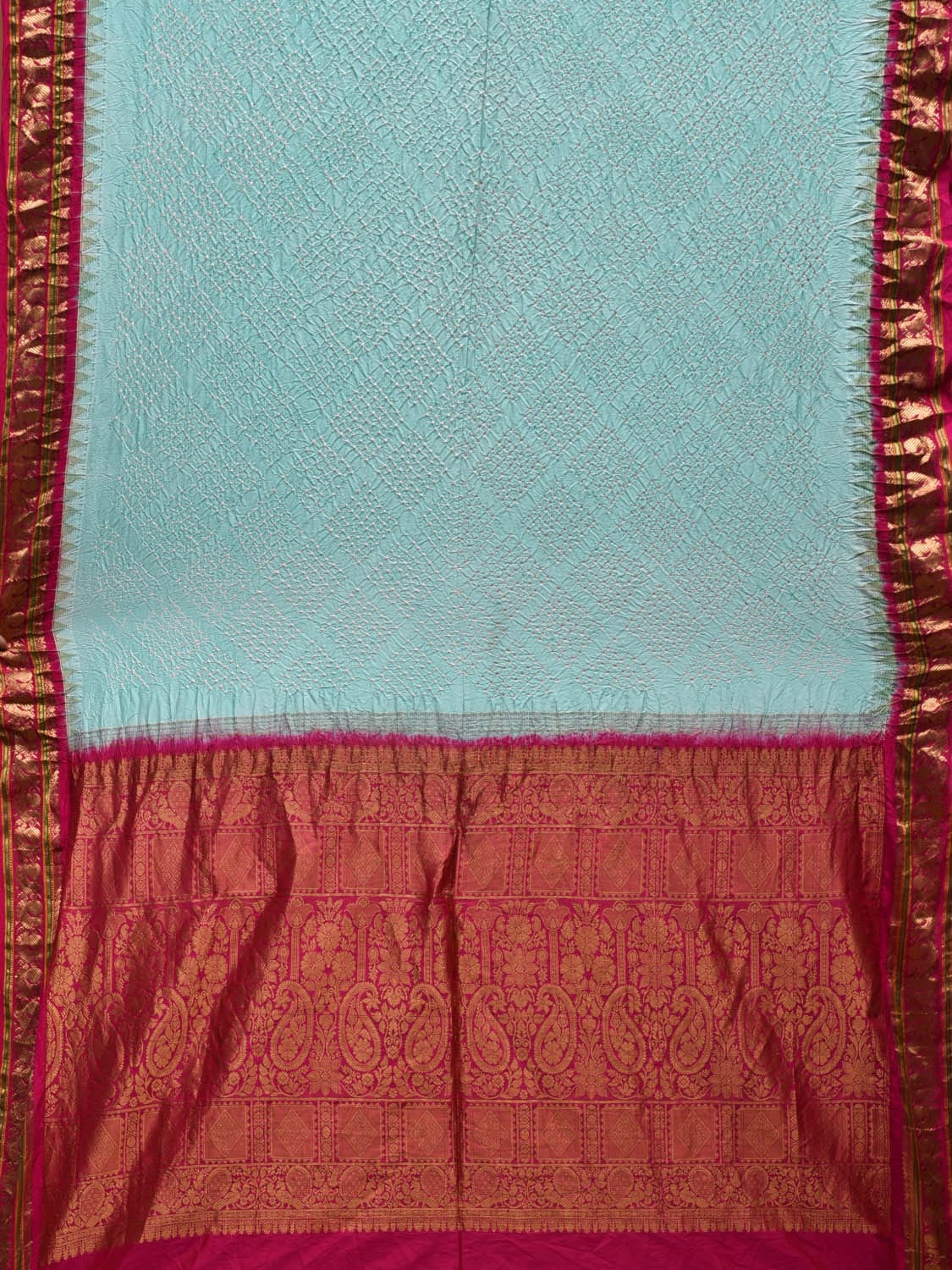 Turquoise and Pink Bandhani Gadwal Silk Handloom Saree with Pallu and Border Design bn0344