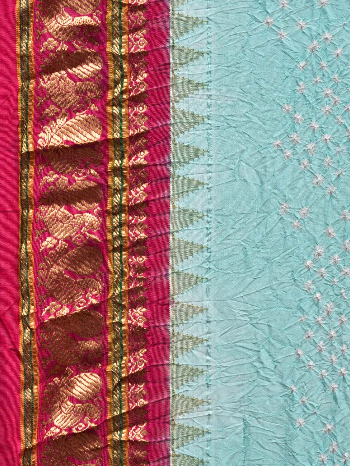 Turquoise and Pink Bandhani Gadwal Silk Handloom Saree with Pallu and Border Design bn0344