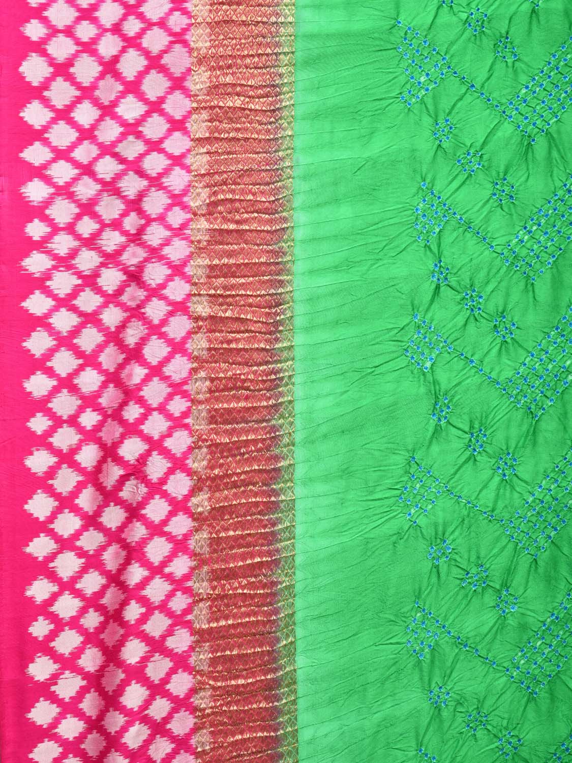 Turquoise and Pink Bandhani Ikat Silk Handloom Saree with Border Design bn0186