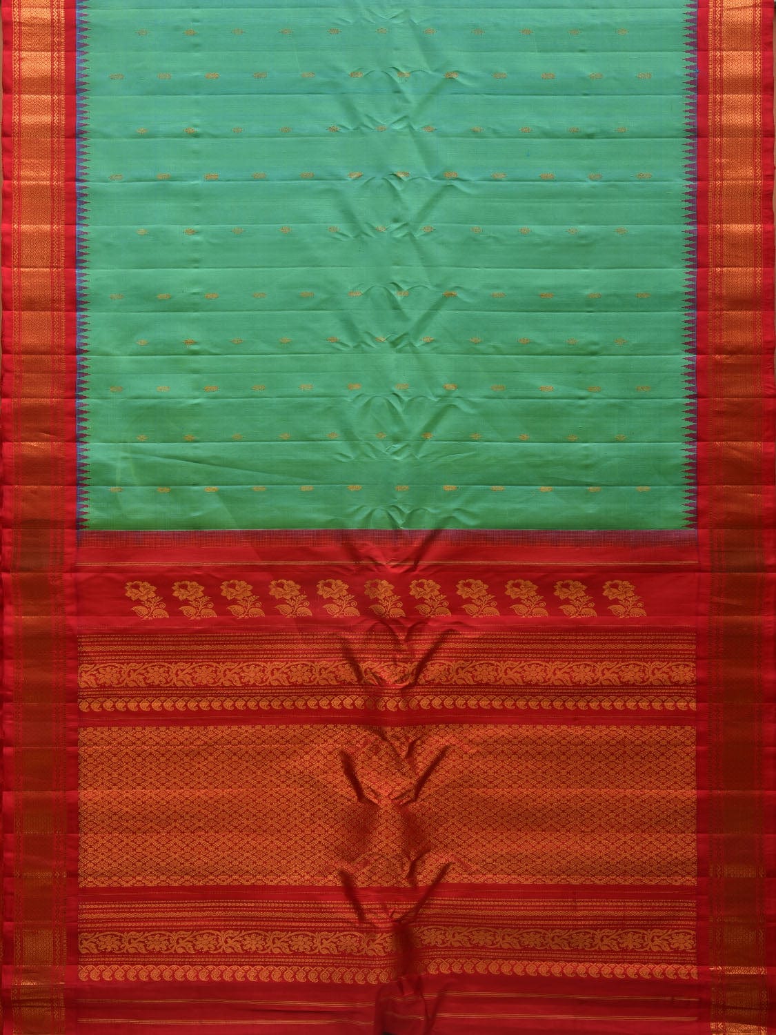 Turquoise and Pink Gadwal Silk Handloom Saree with Flowers Pallu and Temple Border Design g0314