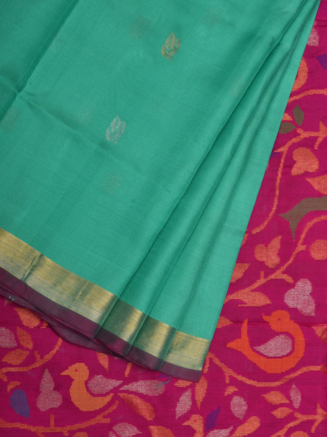Turquoise and Pink Uppada Silk Handloom Saree with Buta and Pallu Design u1875