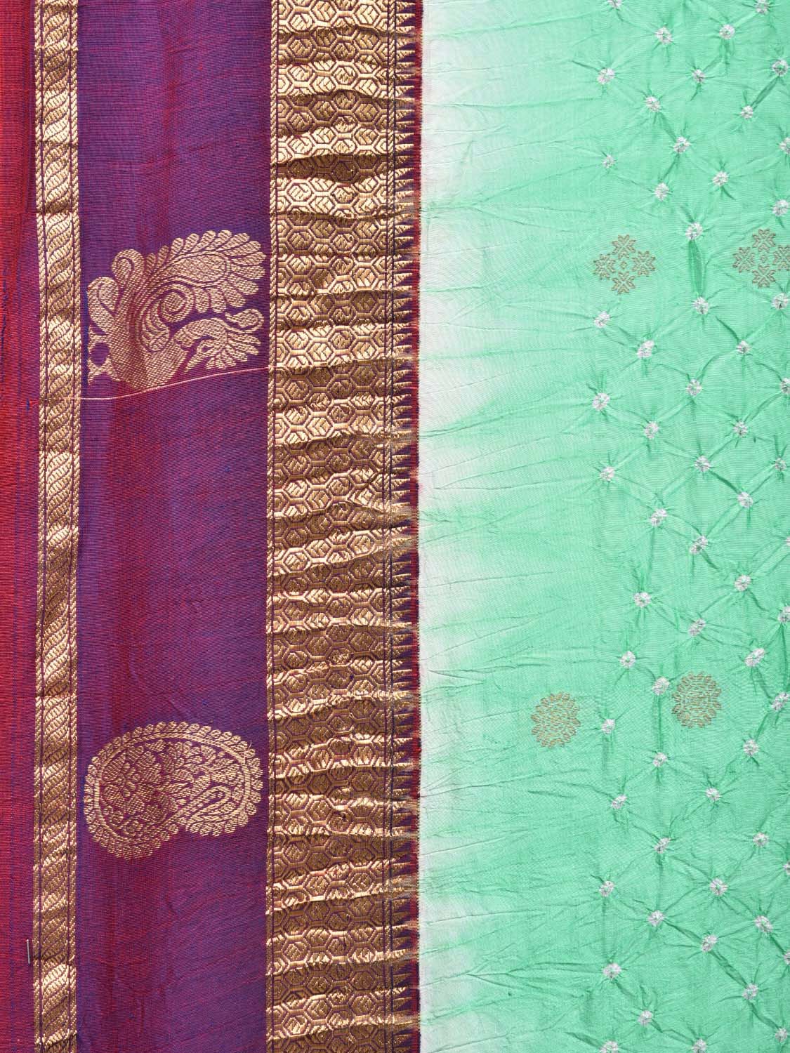 Turquoise and Purple Bandhani Kanchipuram Silk Handloom Saree with One Side Border Design bn0183
