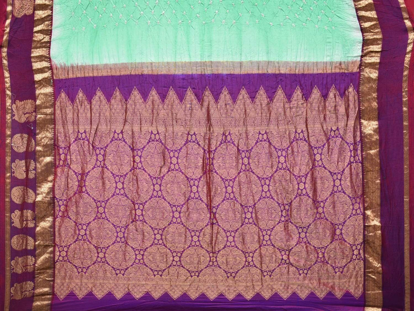 Turquoise and Purple Bandhani Kanchipuram Silk Handloom Saree with One Side Border Design bn0183