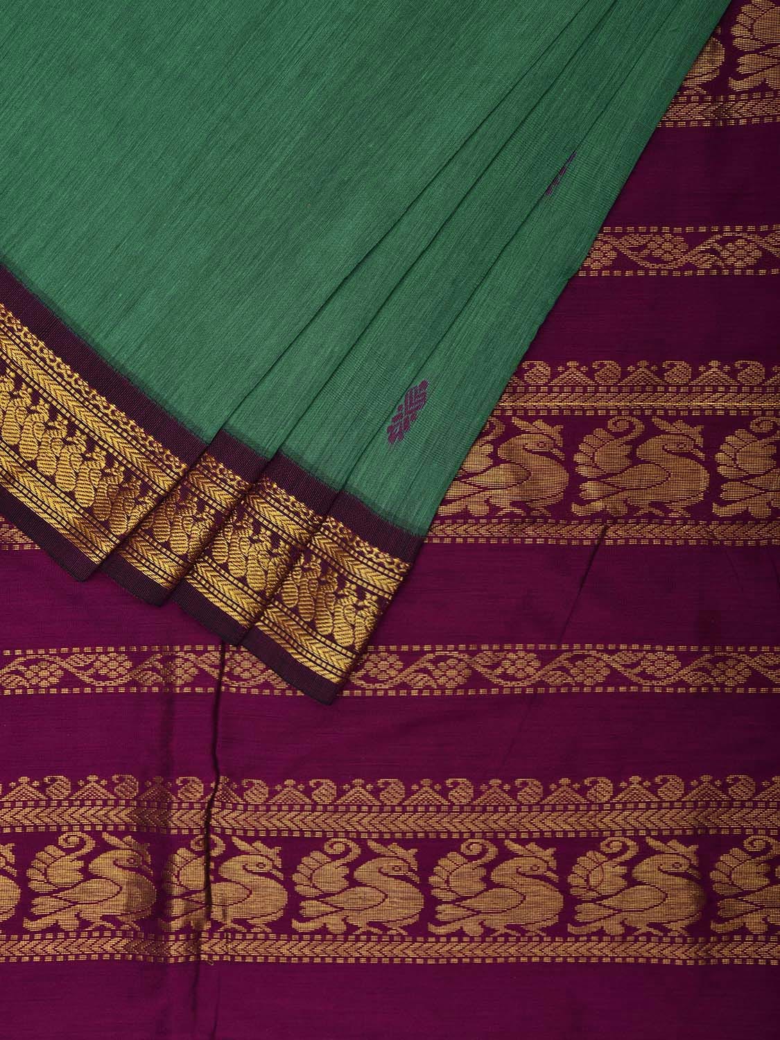 Turquoise and Purple Gadwal Cotton Saree with Pallu and Border Design g0428