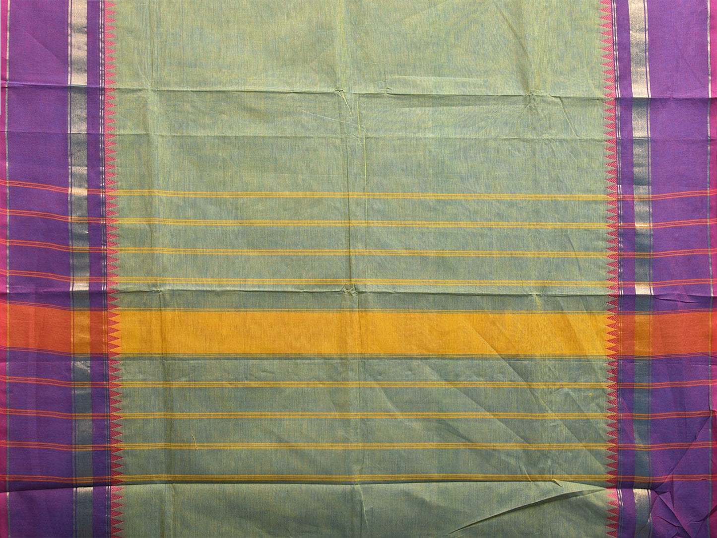Turquoise and Purple Kanchipuram Cotton Plain Saree with Strips Pallu and Small Temple Border Design k0763