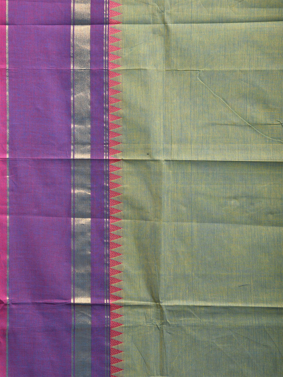Turquoise and Purple Kanchipuram Cotton Plain Saree with Strips Pallu and Small Temple Border Design k0763
